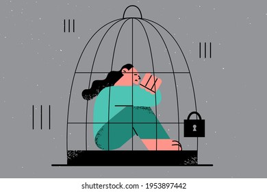 Depression, abuse, violence concept. Despaired woman sitting in cage having family problems, pressure at work over grey background vector illustration