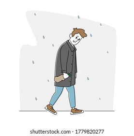 Depression, Alcoholism Addiction Concept. Sad Male Character with Alcohol Bottle Wrapped in Paper Walking under Rain with Unhappy Face. Man Alcoholic, Problems in Life. Linear Vector Illustration