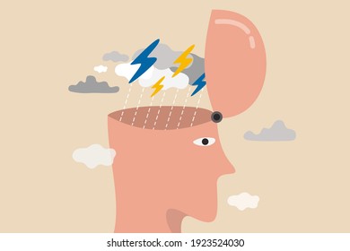 Depression, anger, stressed and anxiety emotion concept, man with head open reveal his brain with thunder storm raining metaphor of depressed or mental illness.