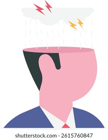 Depression, anger, stressed and anxiety emotion concept, man with head open reveal his brain with thunder storm raining metaphor of depressed or mental illness.


