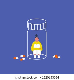 Depression. Antidepressants. Female character sitting in a pill bottle.  Addiction.