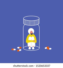 Depression. Antidepressants. Indian male character sitting in a pill bottle.