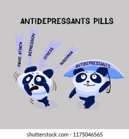 Depression. Antidepressants pills. Mental Health Problem. Two pandas, one in stress, the other under the protection of antidepressants.Vector illustration for websites, brochures, magazines. Cartoon. 