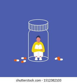 Depression. Antidepressants. Young character trapped in a pill bottle. Capsules. Medicine. Addiction. Modern life. Millennial problems. Flat editable vector illustration, clip art