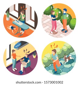 Depression anxiety 4 round isometric composition with relationship problems parenting stress street accidents panic frustration vector illustration 