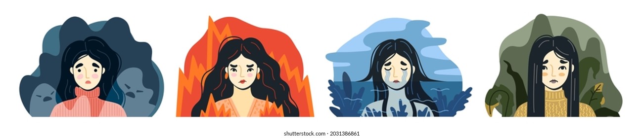 Depression, anxiety, apathy and anger. Portraits of women suffering from mental disorders and bad mental states. Colored flat vector illustration.