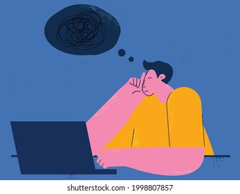 Depression, anxiety problems, stress, dementia concept flat vector illustration. Sad, unhappy and tired man thinking, feeling stressed and frustrated