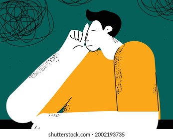 Depression, anxiety problems, stress, dementia concept flat vector illustration. Sad, unhappy and tired man thinking, feeling stressed and frustrated