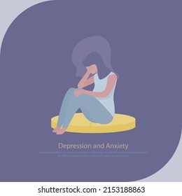 Depression and anxiety symptoms,unhappy young woman sitting on medicine pill,Bad mood tired and stressed,Confusion in mind,Problem mental health,Vector illustration.