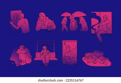 Depression and apathy, psychology concept. Depressed exhausted sad people with mental disorders, psychological problems. Unhappy anguish characters in life crisis. Flat vector illustrations set