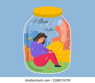 depression apathy sadness loneliness woman sitting in the autumn park in glass jar vector illustration