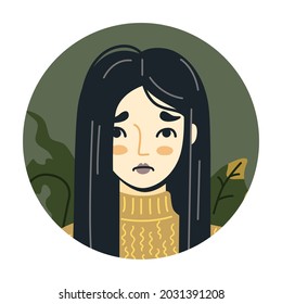 Depression, apathy and sadness. Portrait of sad woman. Round avatar. Bad mental health. Cartoon vector illustration