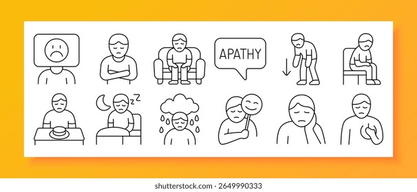 Depression and apathy set icon. Displays sad faces, crossed arms, seated postures, speech bubble with apathy, rainy cloud, masked expression, eating and sleeping disturbances, low energy, withdrawal