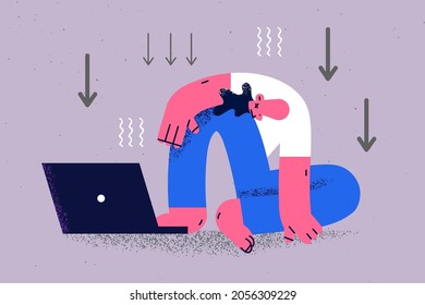 Depression And Bad News Online Concept. Young Sad Man Cartoon Character Sitting Feeling Down Looking At Laptop Screen Vector Illustration