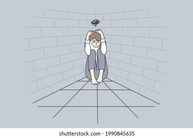 Depression, bad thoughts, grief concept. Young sad woman cartoon character sitting on floor touching head suffering from depression feeling down vector illustration 