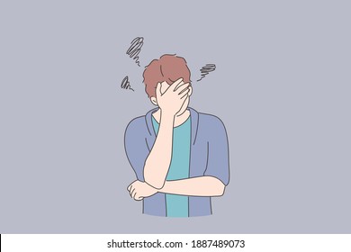 Depression, bad thoughts, stress concept. Young man cartoon character covering face with hands and feeling upset unhappy and thoughtful vector illustration 