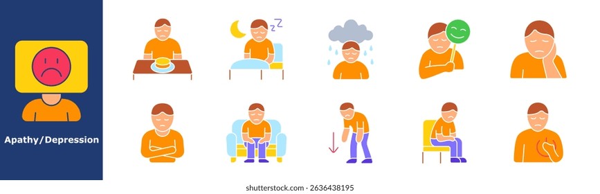 Depression black set icon. Crying, sadness, mask, sleep disturbance, loneliness, fatigue, exhaustion, helplessness, emotional numbness, mental burden.