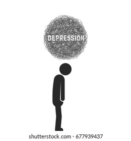 Depression mit schwarzer Strichfigur. schlichter Trend im Flachstil, modernes Logo-Design einzeln auf weißem Hintergrund. Konzept der Einsamkeit in der Gesellschaft oder Trauer und nachdenklicher Junge oder Teenager