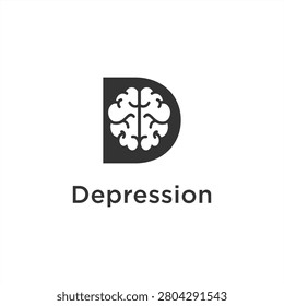 Depression Brain Logo Design Vector with Letter D Mental Health Icon for Psychology, Psychiatry, Therapy, Neurology and Medical Wellness Branding