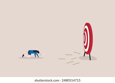 Depression business woman archery disappoint on his off target arrows. concept of Fail business target, mistake, and losing opportunity
