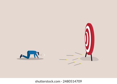 Depression businessman archery disappoint on his off target arrows. concept of Fail business target, mistake, and losing opportunity