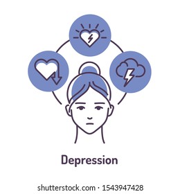 Depression Color Line Icon On Blue   Background. Insane Person. Symptoms: Sadness, Low Libido, Mental Trauma. Vector Isolated Illustration. Editable Stroke.