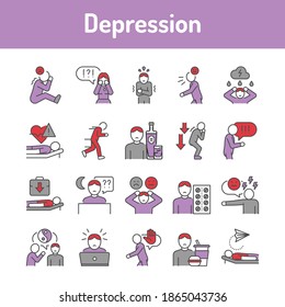 Depression color line icons set. Pictograms for web page, mobile app, promo.