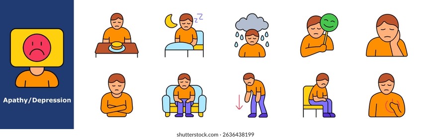 Depression color set icon. Sadness, insomnia, fake smile, crying, hopelessness, exhaustion, fatigue, low mood, poor appetite, emotional pain.