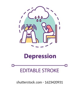 Depression concept icon. Loneliness. Sadness. Major depressive disorder. Mental illness. Psychology, psychiatry idea thin line illustration. Vector isolated outline RGB color drawing. Editable stroke