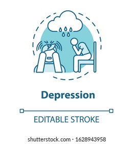 Depression Concept Icon. Loneliness. Sadness. Major Depressive Disorder. Mental Illness. Psychology, Psychiatry Idea Thin Line Illustration. Vector Isolated Outline RGB Color Drawing. Editable Stroke