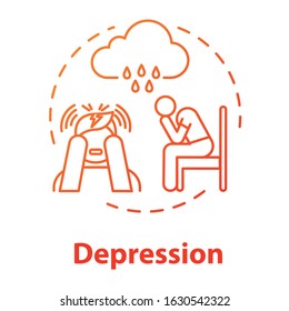 Depression concept icon. Loneliness. Sadness. Major depressive disorder. Mental illness. Psychology, psychiatry idea thin line illustration. Vector isolated outline RGB color drawing