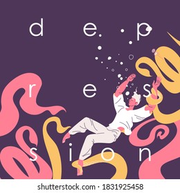 Depression concept illustration with man sinks in the water and octopus that pulls him to depth. Lowercase lettering