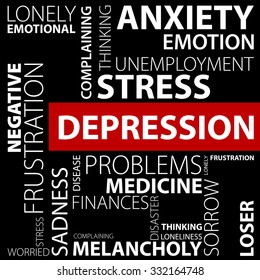 Depression concept made with many words in different positions
