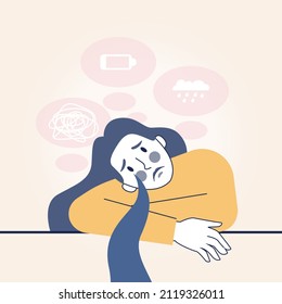 Depression concept. Mental disorder, feeling of despair and helplessness. Negative emotions and suffer. Crying character. Flat vector illustration