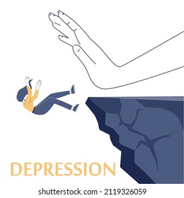 Concepto de depresión. Trastorno mental, sensación de desesperación e impotencia. Las emociones negativas y el sufrimiento. La depresión empujando al personaje desde un precipicio. Ilustración vectorial plana
