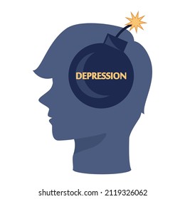 Depression concept. Mental disorder, feeling of despair and helplessness. Bomb as negative emotions and suffer. Self-destructive behavior. Flat vector illustration