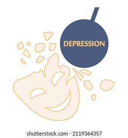 Concepto de depresión. Trastorno mental, sensación de desesperación e impotencia. Las emociones negativas y el sufrimiento detrás de la cara sonriente del personaje. Ilustración vectorial plana