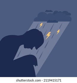 Depression concept. Mental disorder, feeling of despair and helplessness. Cloud and rain as negative emotions and suffer. Flat vector illustration