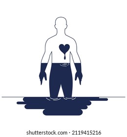Concepto de depresión. Trastorno mental, sensación de desesperación e impotencia. Las emociones negativas y el sufrimiento. Carácter con vacío en el pecho. Comportamiento autodestructivo. Ilustración vectorial plana