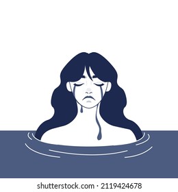 Depression concept. Mental disorder, feeling of despair and helplessness. Negative emotions and suffer. Crying character drowning in destructive disease. Flat vector illustration