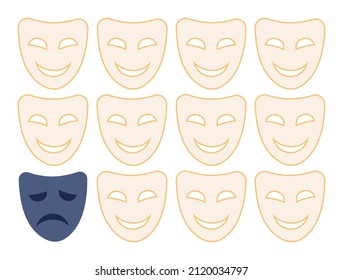 Depression concept. Mental disorder, feeling of despair and helplessness. Negative emotions and suffer behind character smiley face. Flat vector illustration