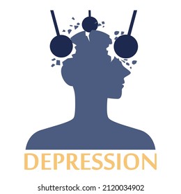 Depression concept. Mental disorder, feeling of despair and helplessness. Wrecking ball as negative emotions and suffer. Self-destructive behavior. Flat vector illustration