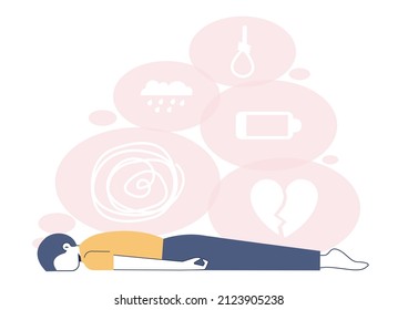 Depression concept. Mental disorder, feeling of despair and helplessness. Character lying with negative emotions and suffer. Flat vector illustration