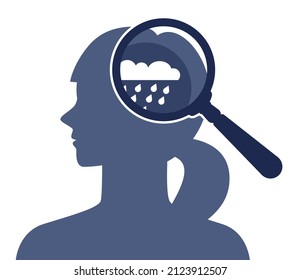 Concepto de depresión. Trastorno mental, sensación de desesperación e impotencia. Nube y lluvia como emociones negativas y sufren. Ilustración vectorial plana