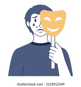 Depression concept. Mental disorder, feeling of despair and helplessness. Negative emotions and suffer behind character smiley face. Flat vector illustration