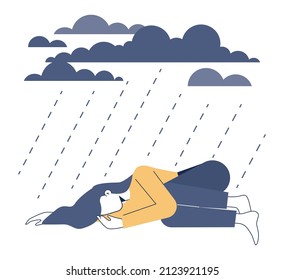 Concepto de depresión. Trastorno mental, sensación de desesperación e impotencia. Nube y lluvia como emociones negativas y sufren. Ilustración vectorial plana