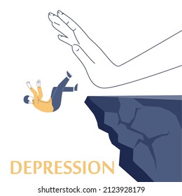 Depression concept. Mental disorder, feeling of despair and helplessness. Negative emotions and suffer. Depression pushing character from a cliff. Flat vector illustration
