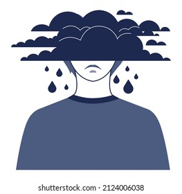 Concepto de depresión. Trastorno mental, sensación de desesperación e impotencia. Nube y lluvia como emociones negativas y sufren. Ilustración vectorial plana