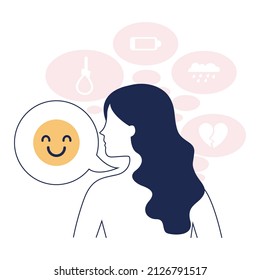 Depressionskonzept. Psychische Störung, Gefühl der Verzweiflung und Hilflosigkeit. Negative Emotionen und leiden hinter Charakter Smiley Gesicht. Flache Vektorgrafik