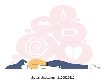 Concepto de depresión. Trastorno mental, sensación de desesperación e impotencia. El carácter miente con emociones negativas y sufre. Ilustración vectorial plana